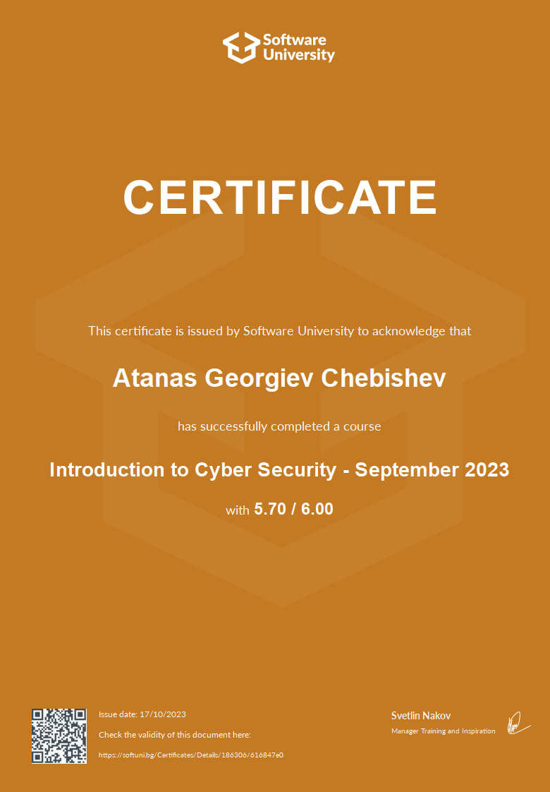SoftUni Cyber Security Fundamentals certificate